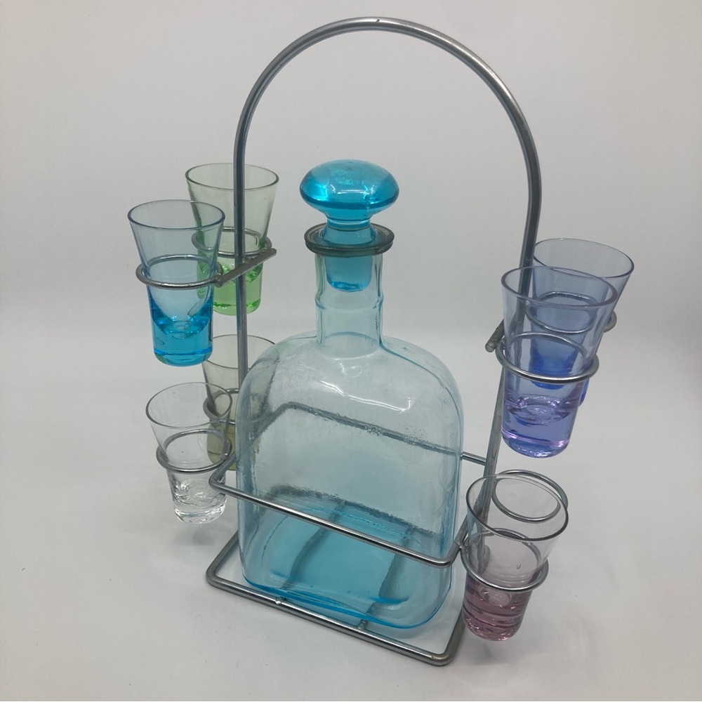 Vintage Circleware barware glass shot glasses decanter and metal stand caddy